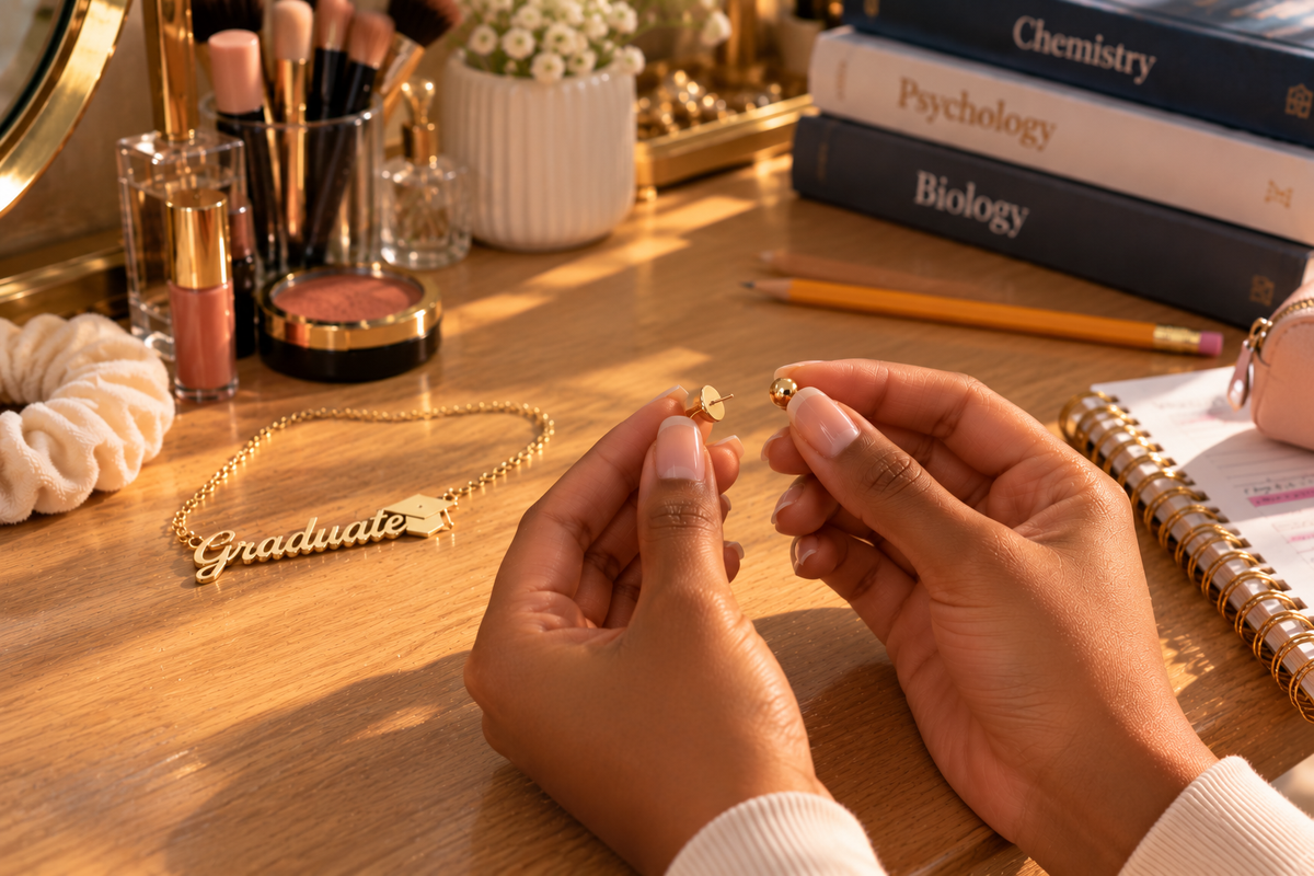 Assembling Gold Earrings at a Cozy Vanity Teen inspecting a worn gold graduation earring beside a custom nameplate and textbooks before school repair at Studio Jewelers Bay Plaza Bronx