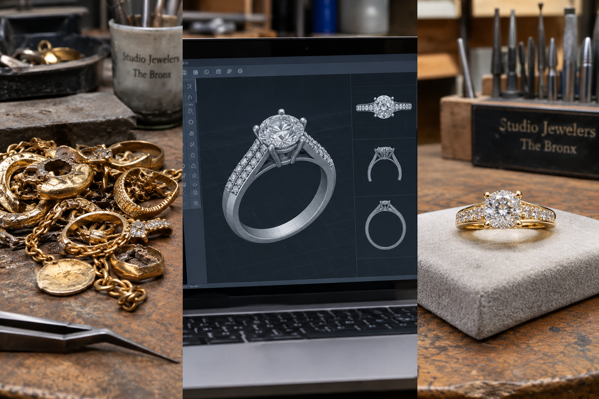 Assorted scrap gold jewelry beside a newly cast custom diamond ring on a jeweler bench at Studio Jewelers in The Bronx.