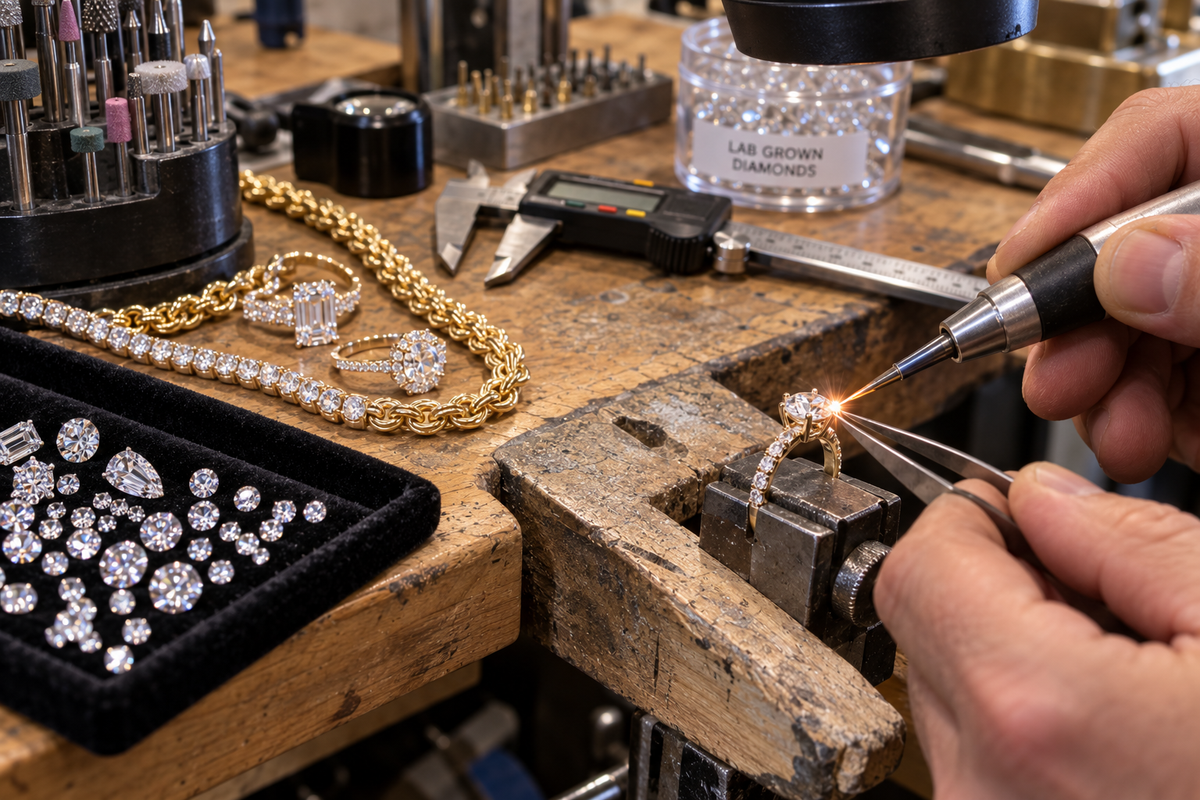 Jeweler Repairing a Diamond Ring Master bench jeweler repairing a gold diamond ring setting at Studio Jewelers inside the Bay Plaza Shopping Center in The Bronx NY.