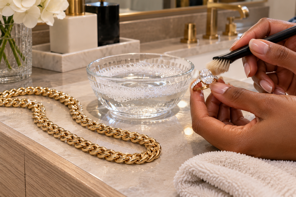Luxury Jewelry Cleaning Ritual Safe home cleaning setup for gold jewelry and diamond rings with soft brush and microfiber cloth at Studio Jewelers in Bay Plaza Bronx.
